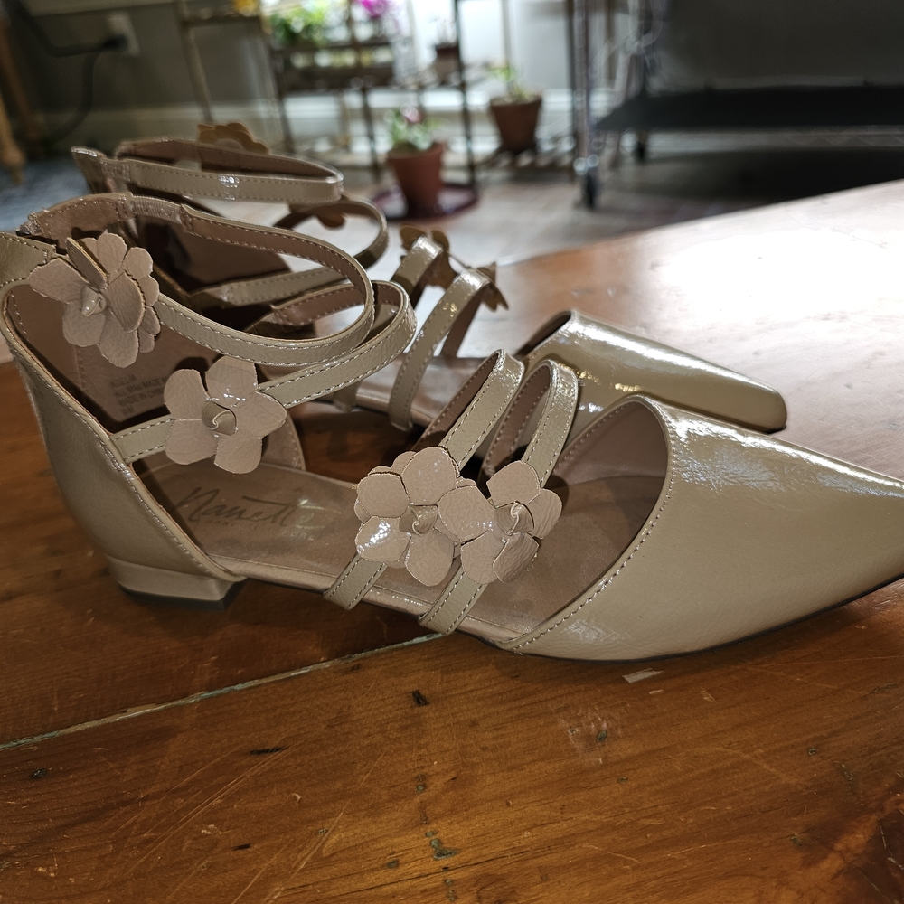 Cream Floral Strap Flats with Pointed Toe By Nanette